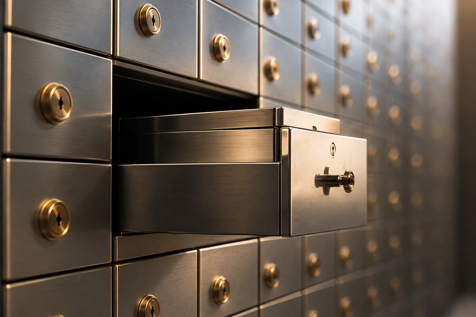 A safe-deposit drawer pulled open from a wall of locked boxes
