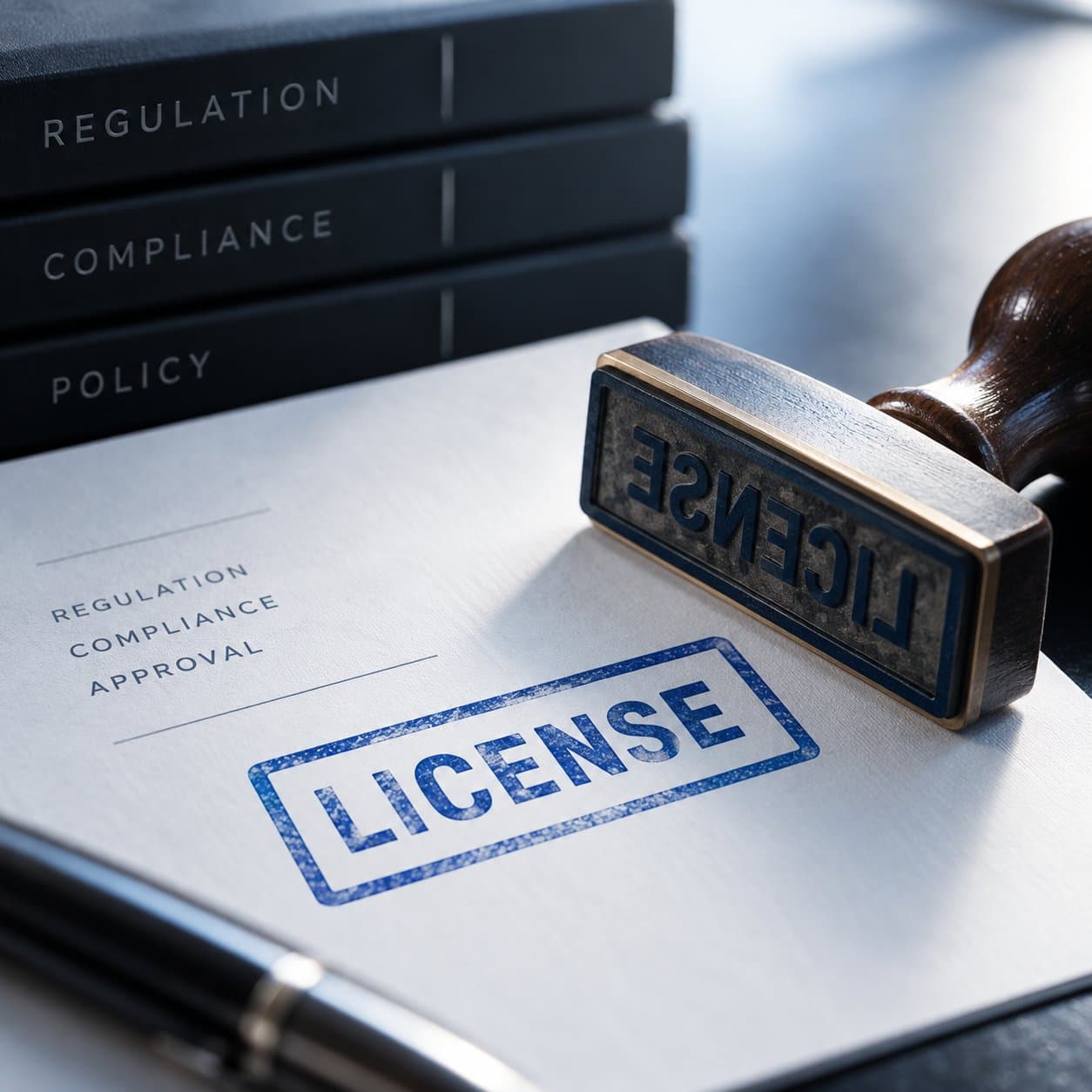 A document stamped LICENSE in front of regulation and compliance binders