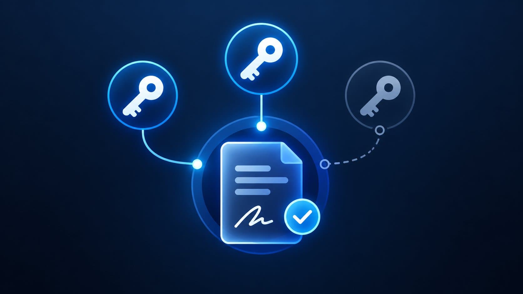 Two of three keys connected to approve a signed document (multisig)