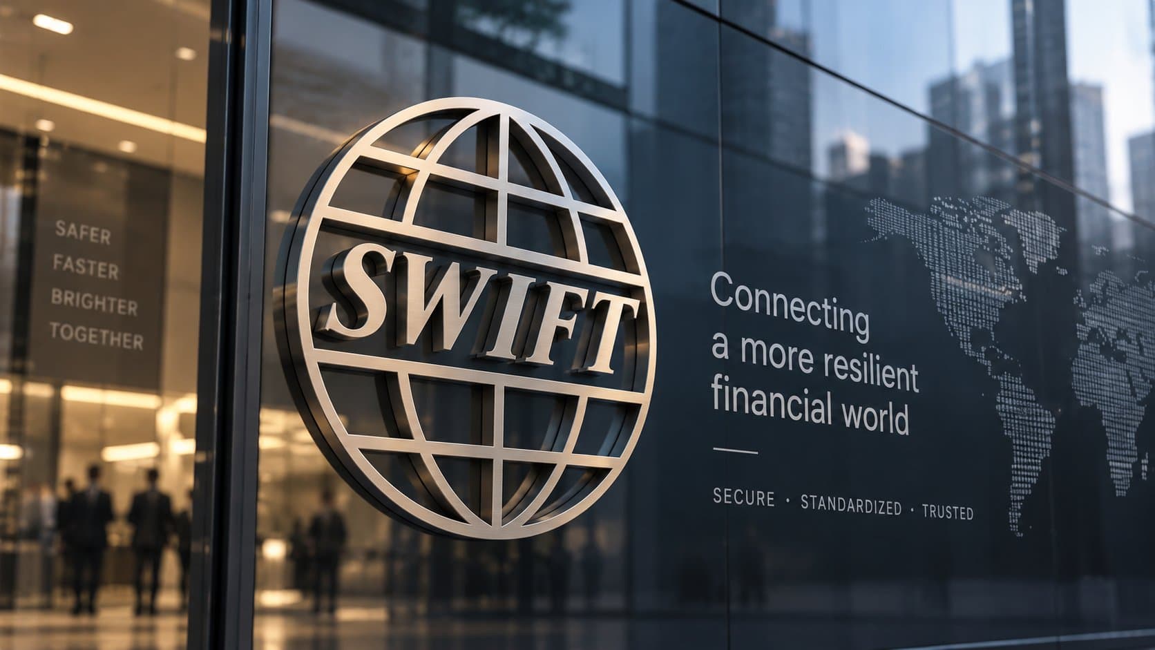 A financial network logo on a glass building facade