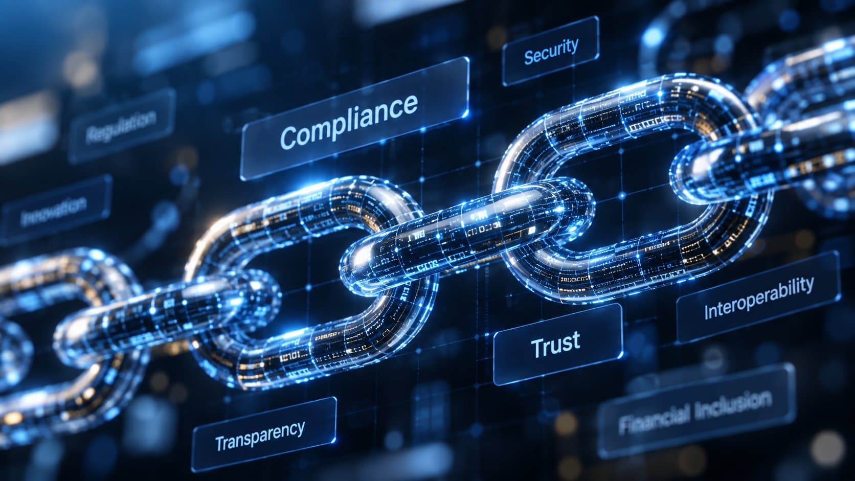 A glowing digital chain linked among keywords like compliance, trust, and transparency