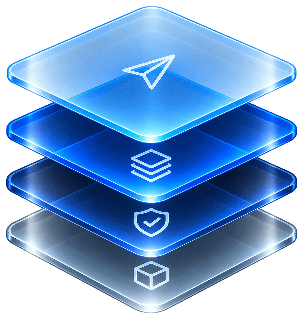 Four stacked glass layers: remittance, settlement, compliance, and data