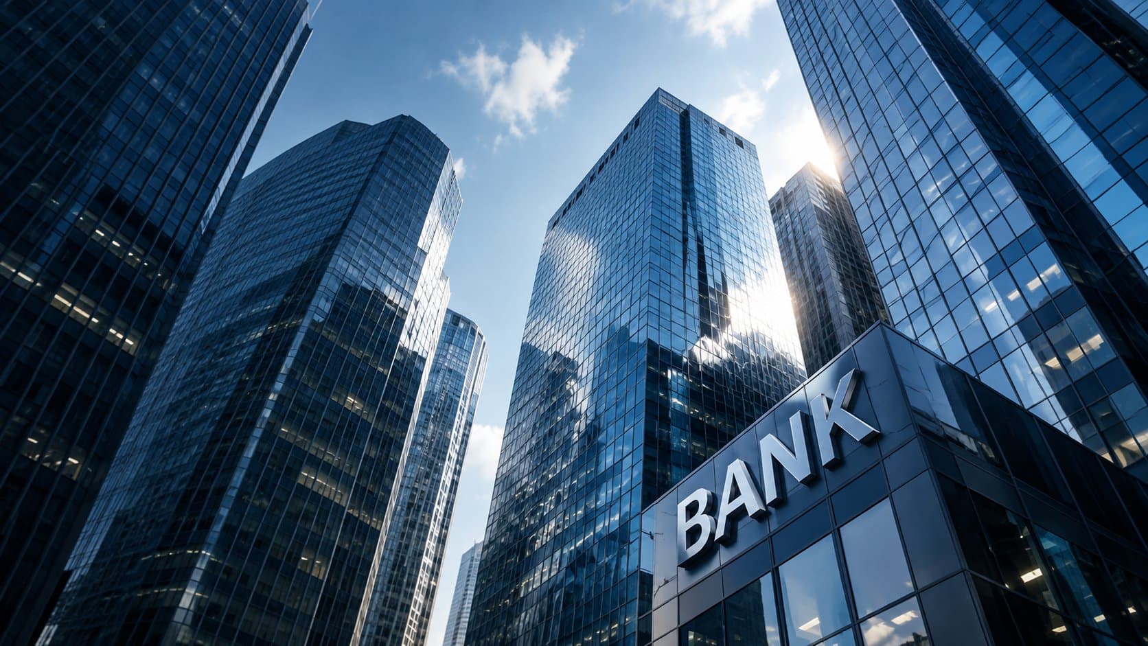 Looking up at glass bank towers