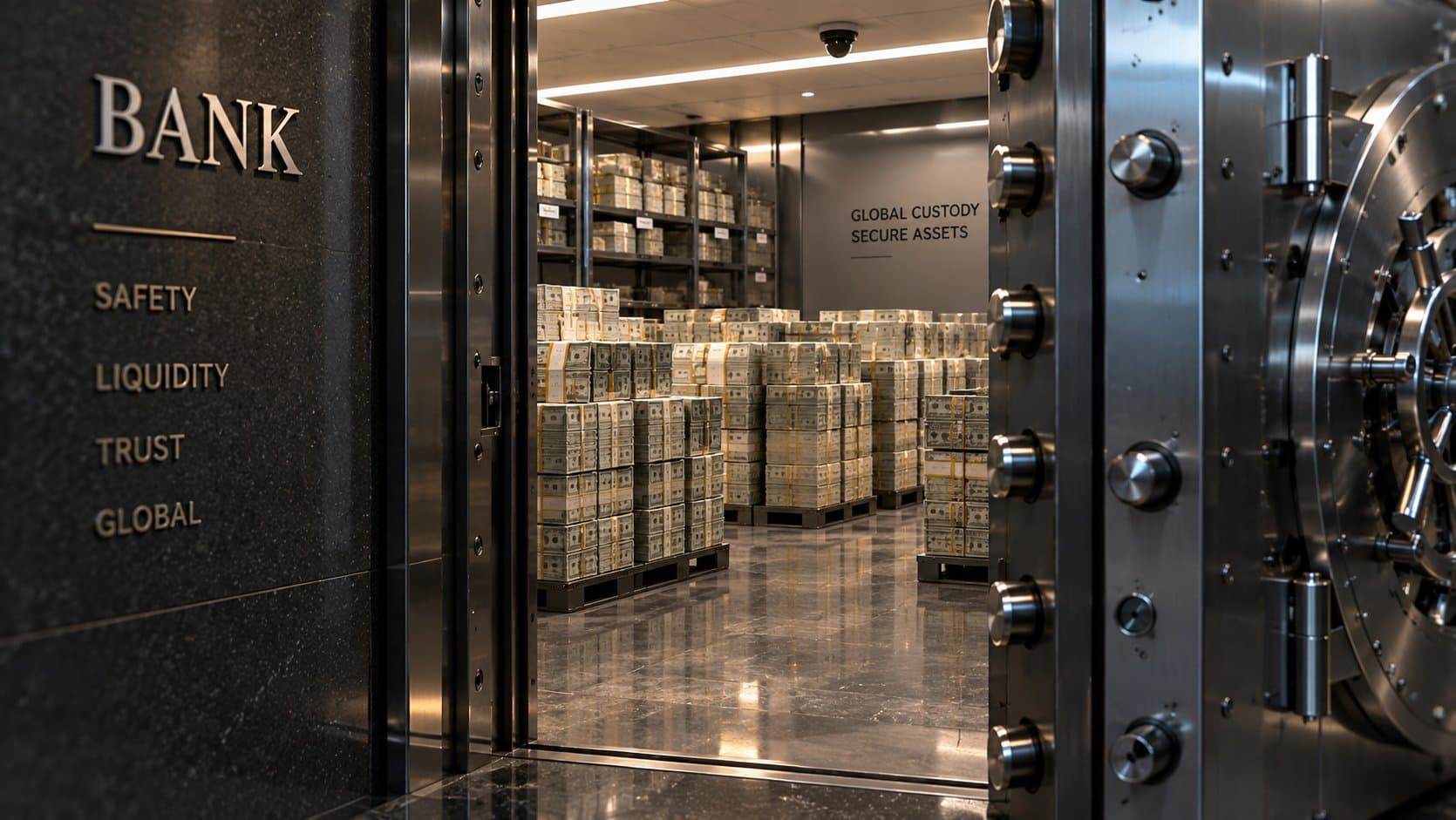 A bank vault stacked with cash